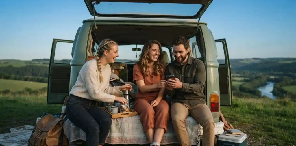 Friends laughing together during a summer road trip