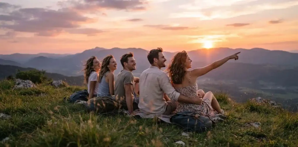 Friends watching the summer sunset from a hilltop