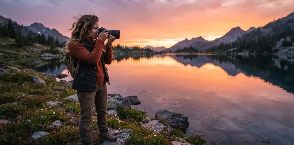 Traveler photographing a colorful sunset beside a lake