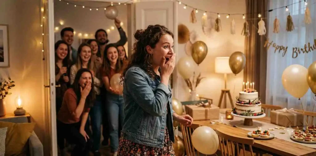 Birthday surprise reaction among cheering friends