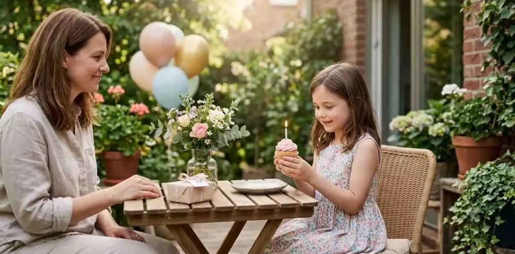 Eight year old smiling beside birthday cake