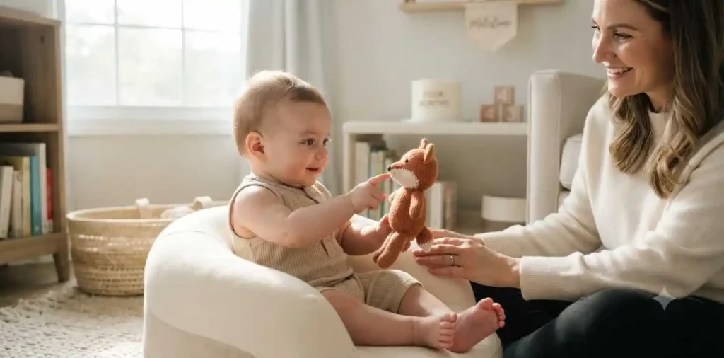 Smiling baby enjoying a fourth month celebration