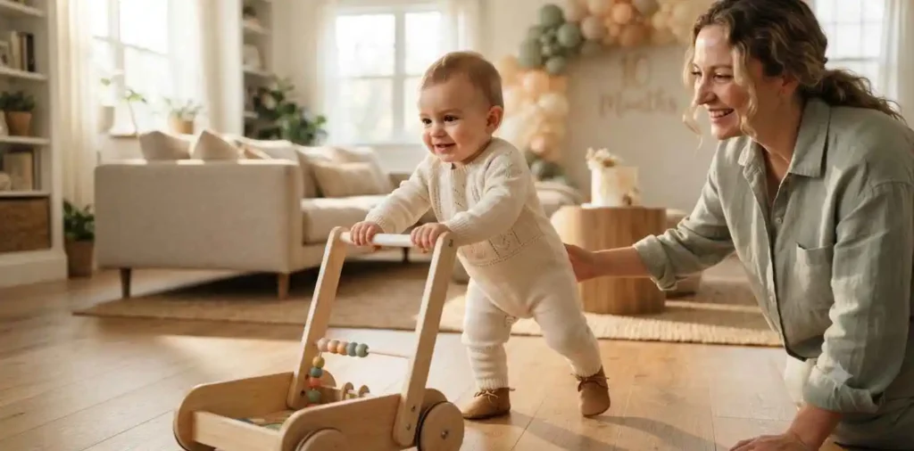 Baby taking first steps with mother nearby