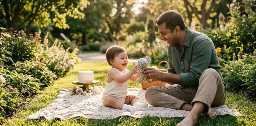 Baby laughing during a playful seventh month moment