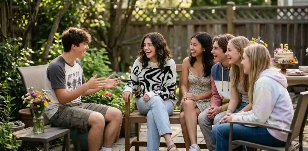 Teen friends celebrating a birthday outdoors