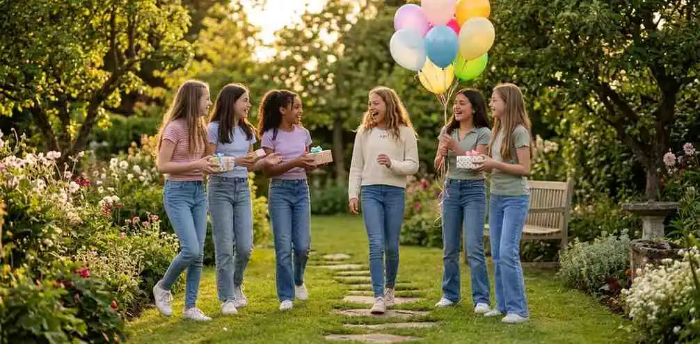 Teen friends celebrating birthday outdoors