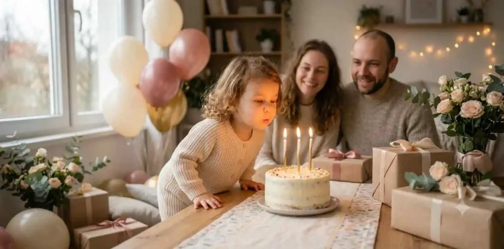 Child blowing candles at third birthday party