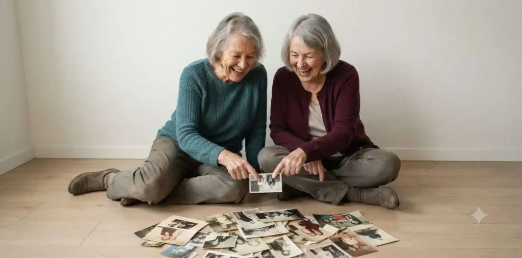 Friends looking at old photos and laughing together