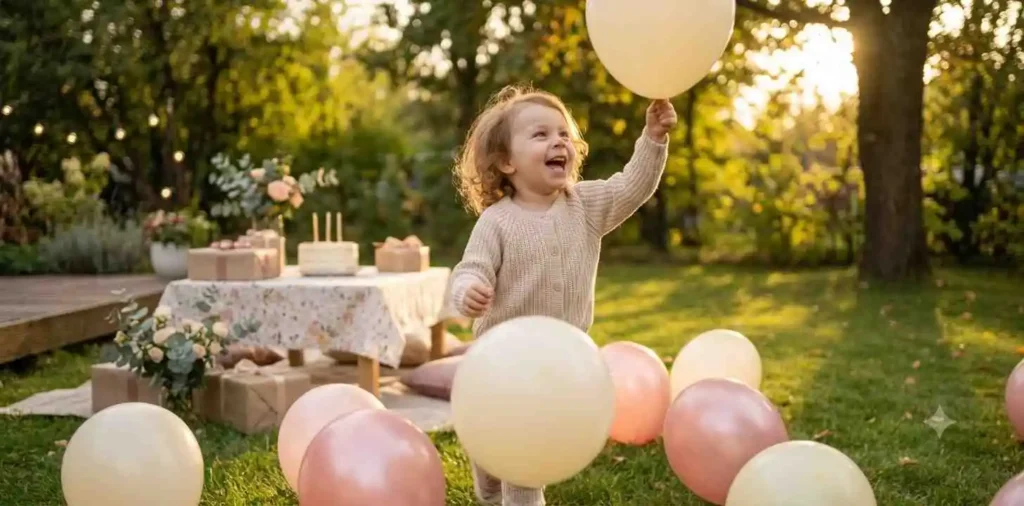 Toddler playing with balloons at birthday party