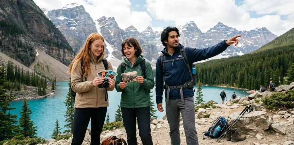 Friends celebrating unforgettable memories beside mountain lake