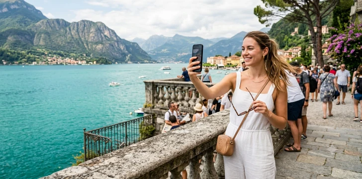 Woman taking travel selfie beside coastal landmark