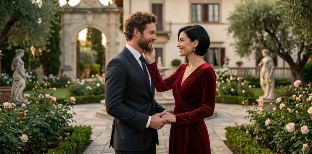 Couple sharing genuine affection in luxury garden