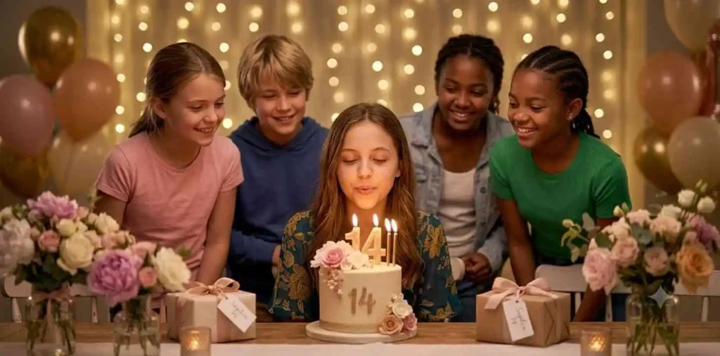 Teen blowing out birthday candles with friends