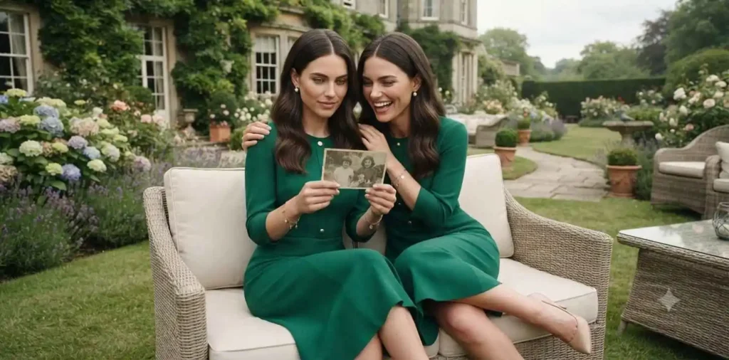 Identical twin sisters enjoying a luxury garden together