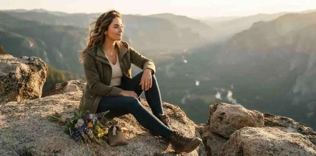 Young woman celebrating birthday during outdoor adventure