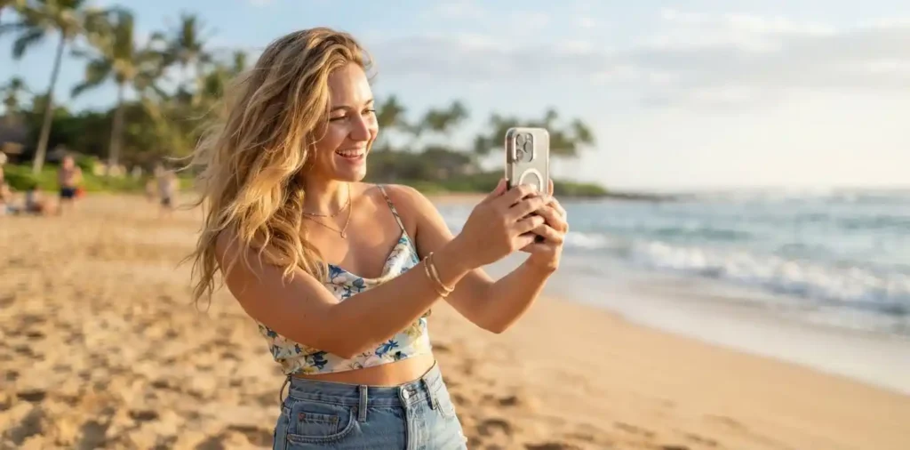Woman taking a selfie beside a tropical beach