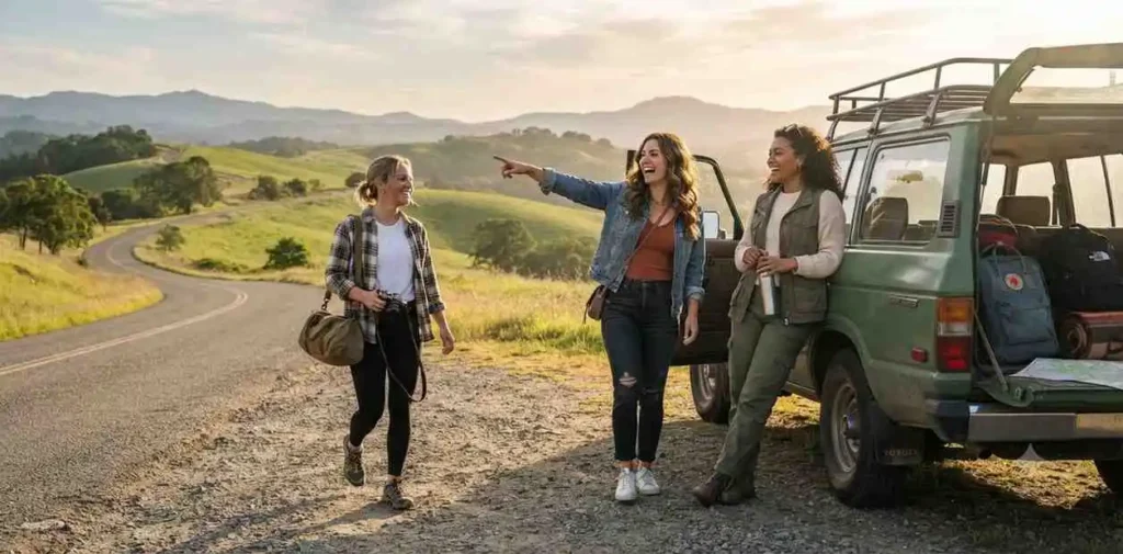 Friends enjoying a fun weekend road trip