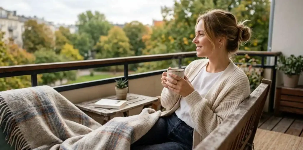 Woman enjoying a peaceful September weekend morning