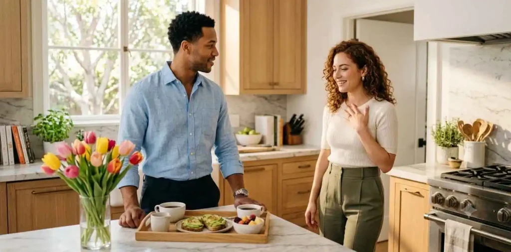 Husband surprising wife with flowers at home