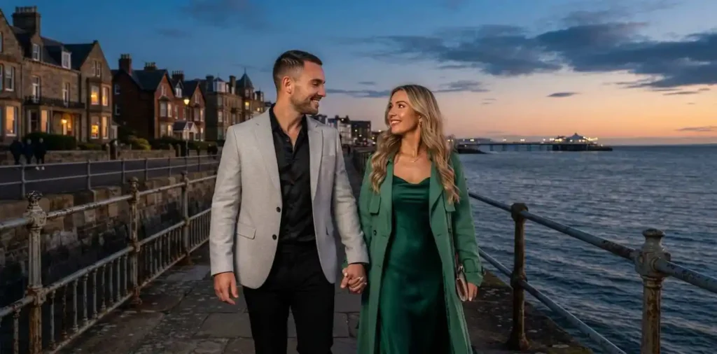 Couple celebrating anniversary beside seaside