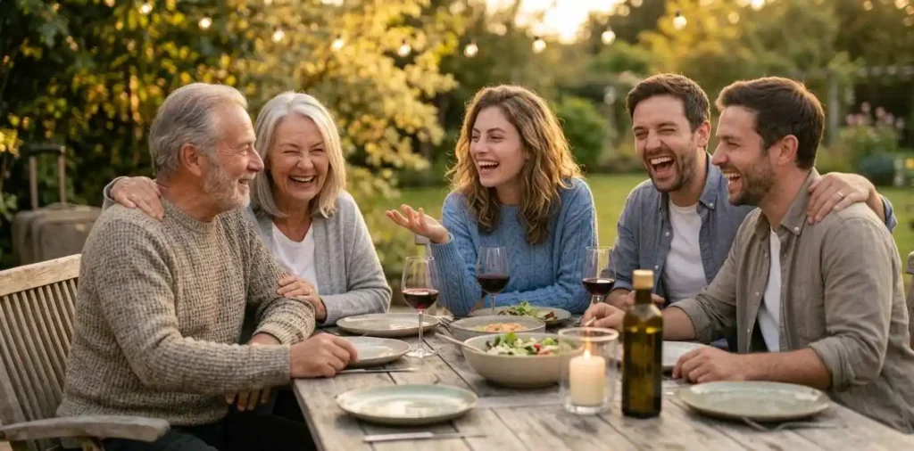 Family laughing together during a home gathering