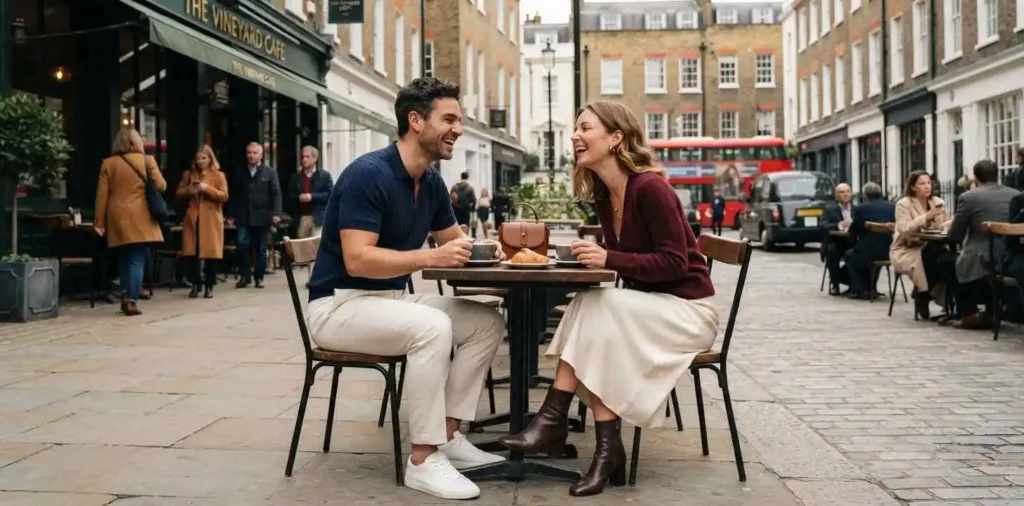 Happy couple laughing together in London