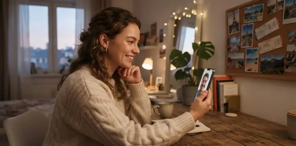 Woman video calling her partner at home