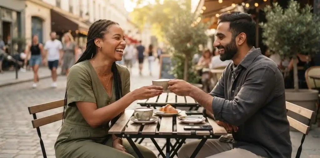 Couple smiling together during an outdoor walk