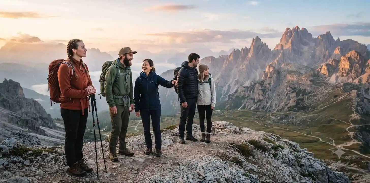 Hikers enjoying mountain sunrise view