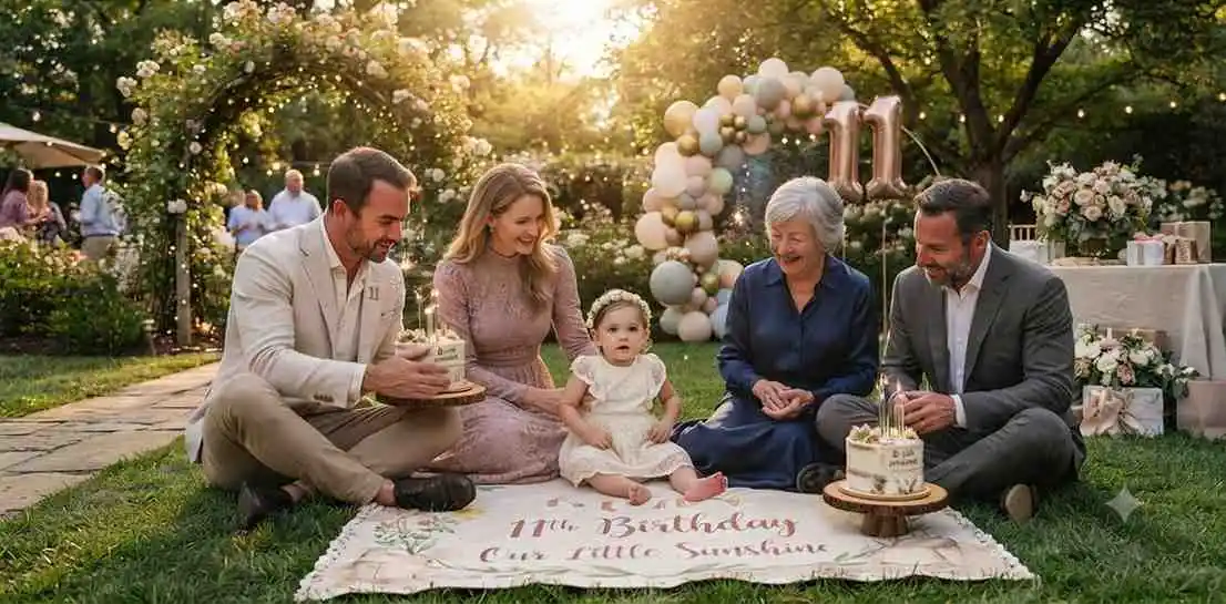 Family celebrating baby’s eleventh month birthday