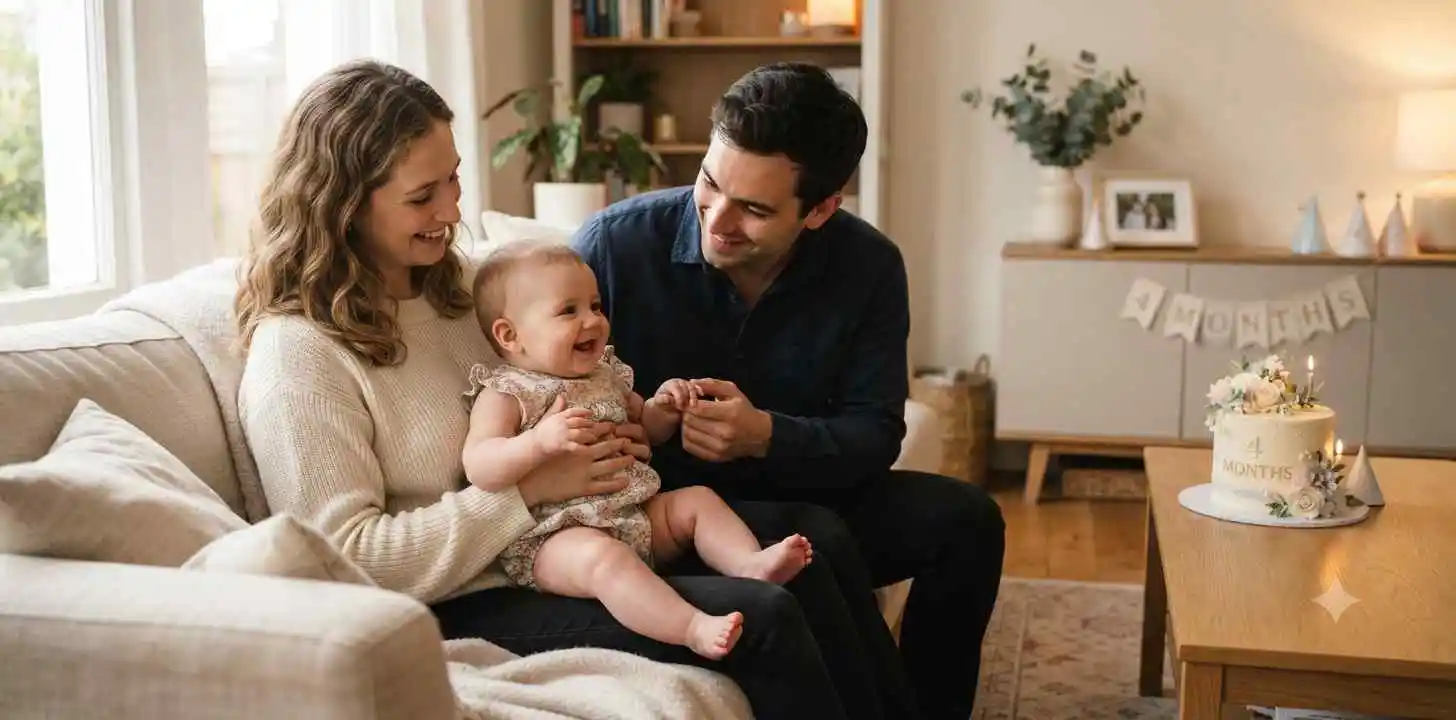 Baby celebrating fourth month with loving parents