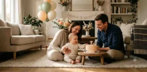 Baby celebrating seventh month with loving parents