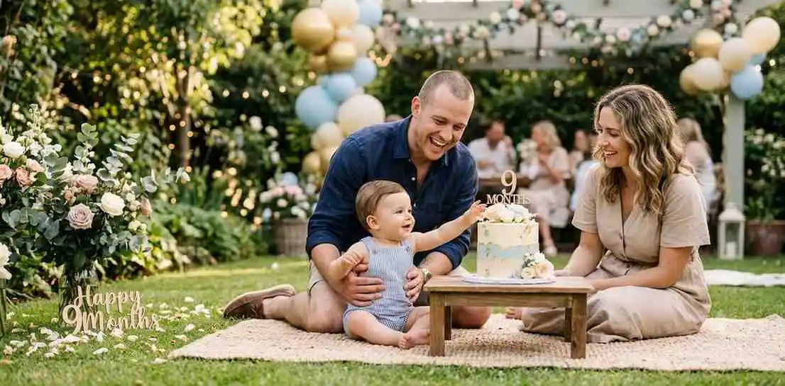 Father celebrating baby’s ninth month milestone