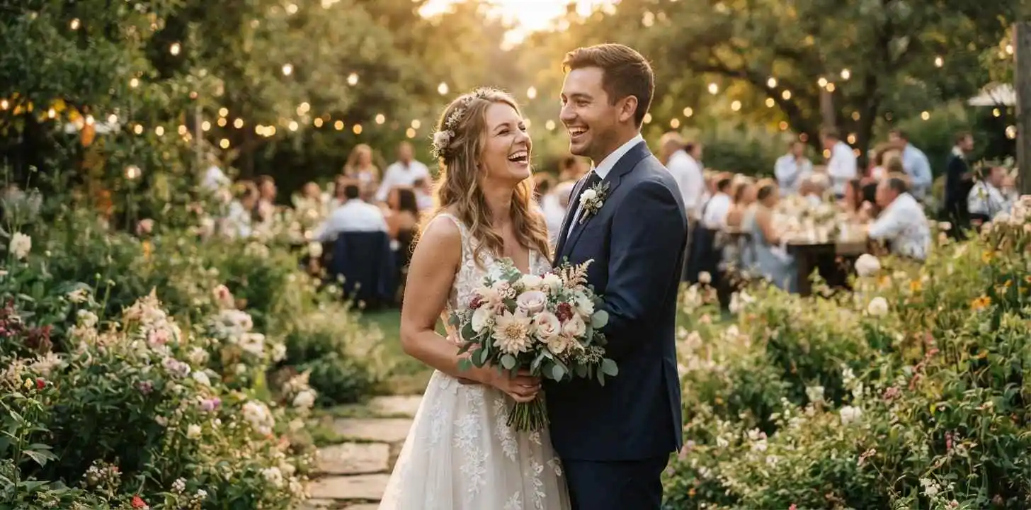 Newlyweds celebrating outdoors on a warm August evening