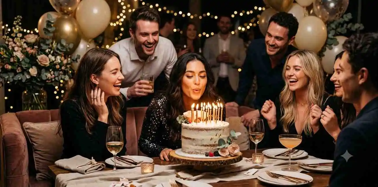Friends celebrating around a birthday cake