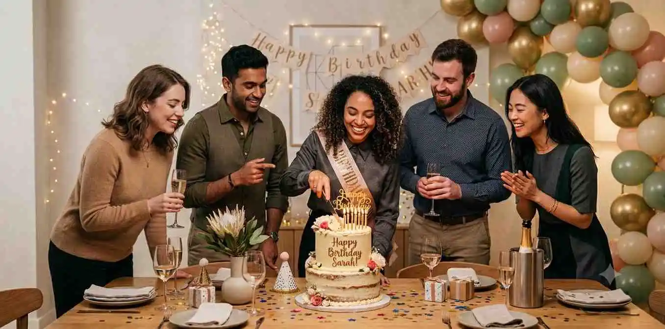 Friends laughing together during birthday celebration