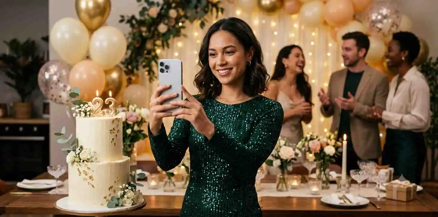 Woman taking birthday selfie with cake