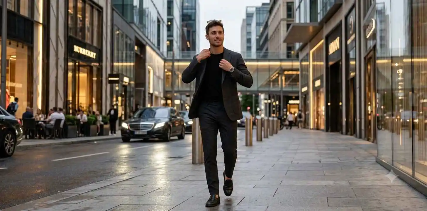 Stylish young man posing in luxury city setting