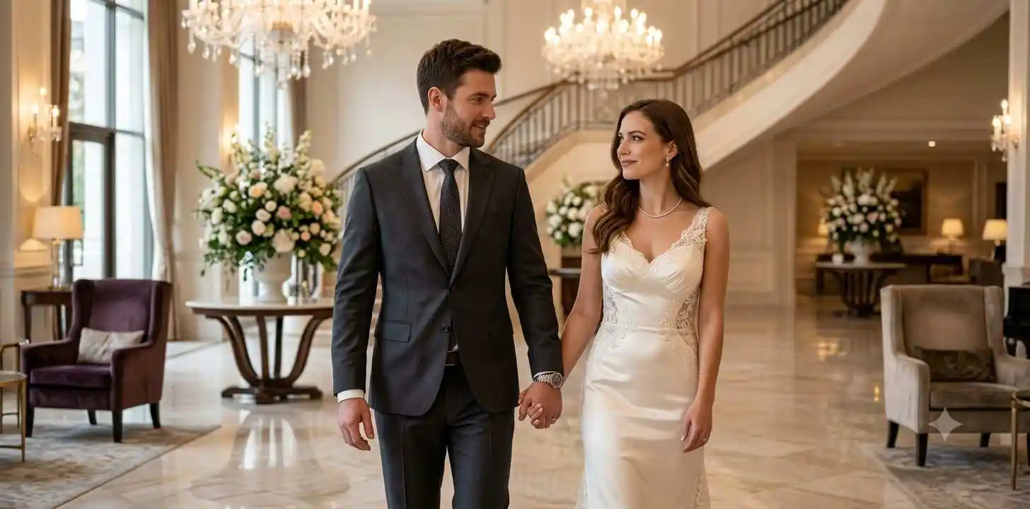 Newlywed couple celebrating their new life together