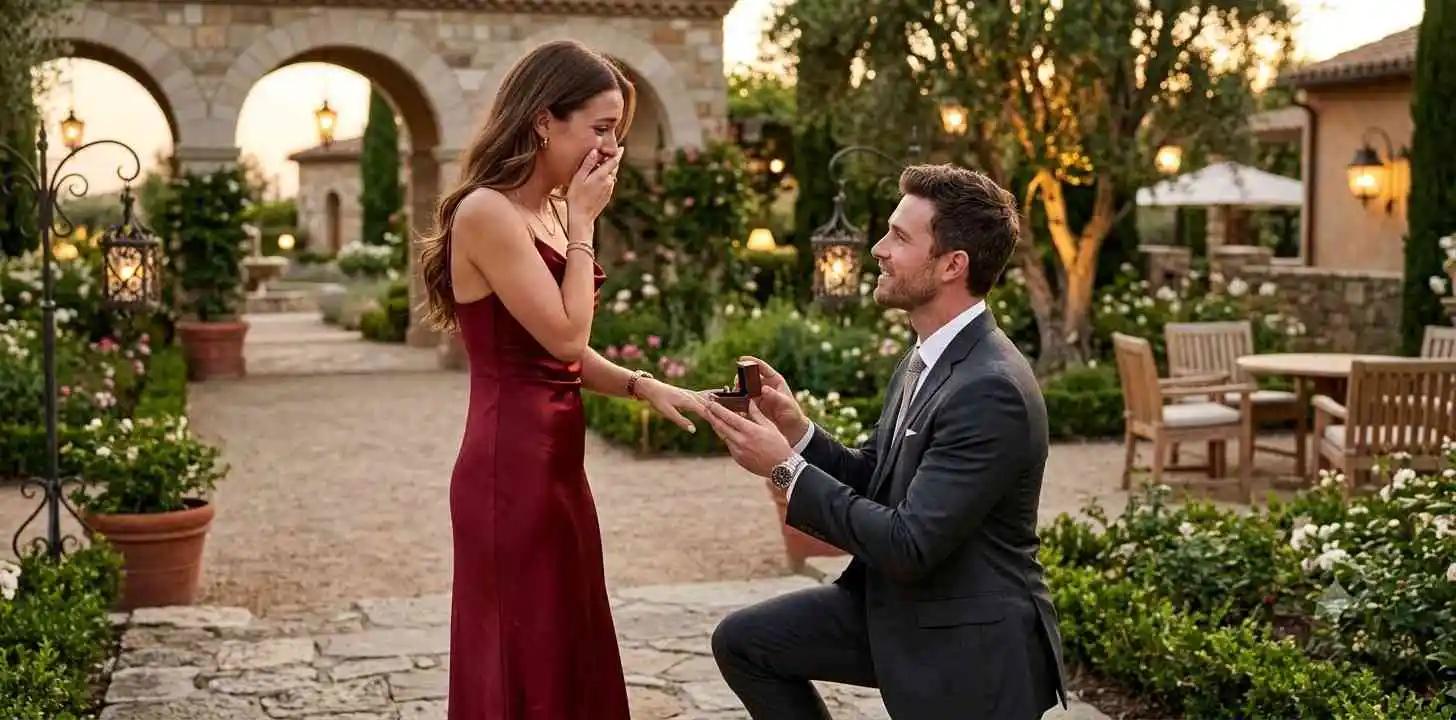 Man proposing to woman in luxury garden