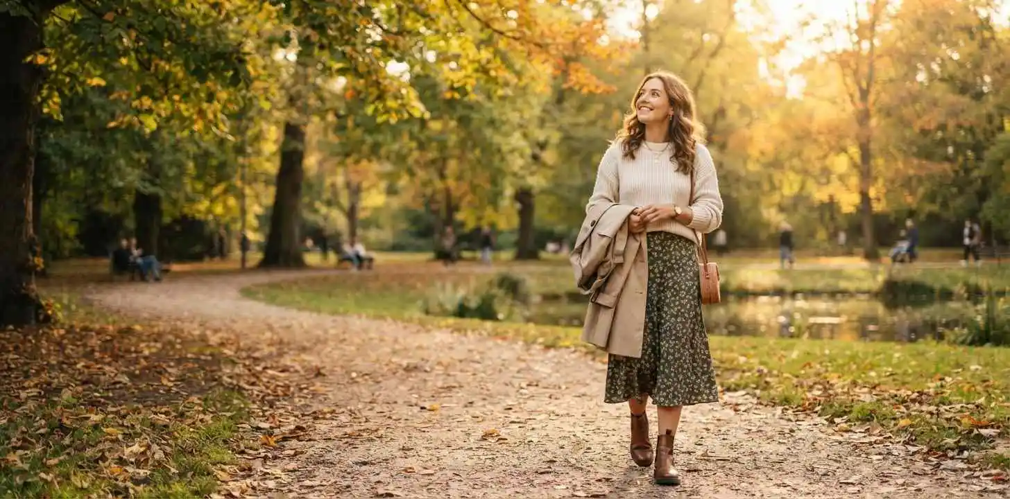 Woman enjoying a beautiful September autumn afternoon
