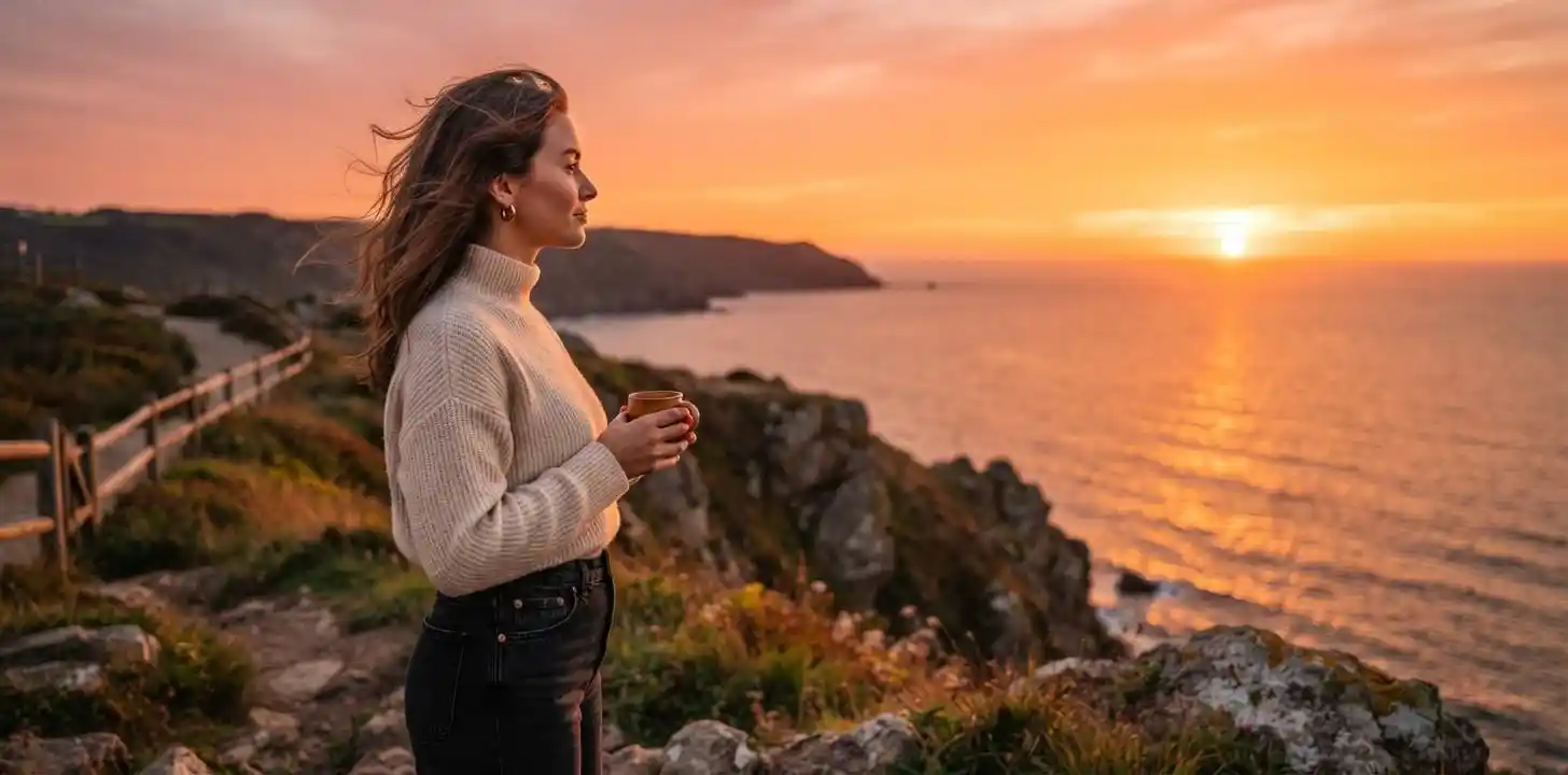 Woman enjoying a peaceful September sunset outdoors
