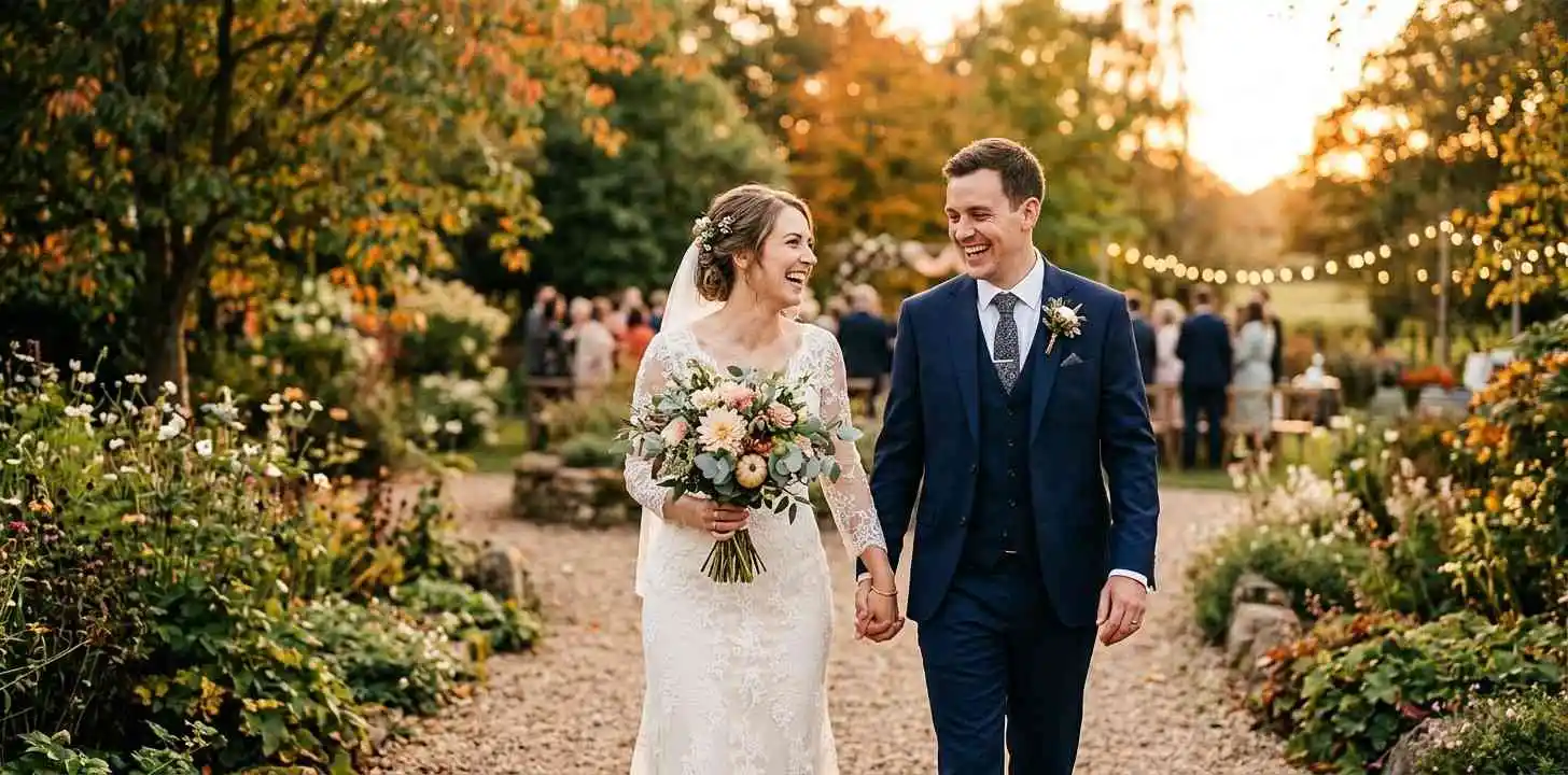 Newlyweds celebrating outdoors on a September evening