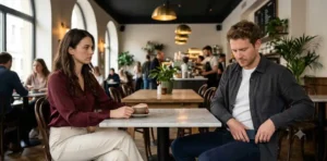 Woman noticing dishonesty during a conversation
